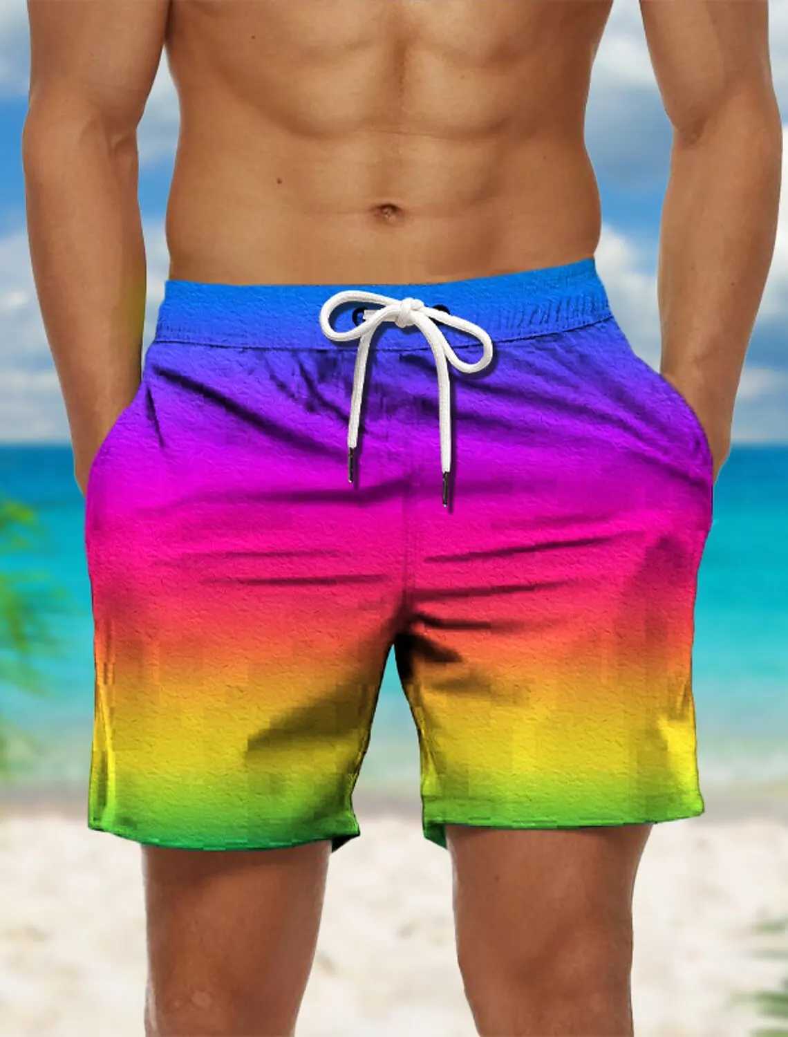 Rainbow colored 3D printed shorts for men comfortable and casual swimming shorts for women fashionable beach shorts sports and fitness ice shortsXJ250