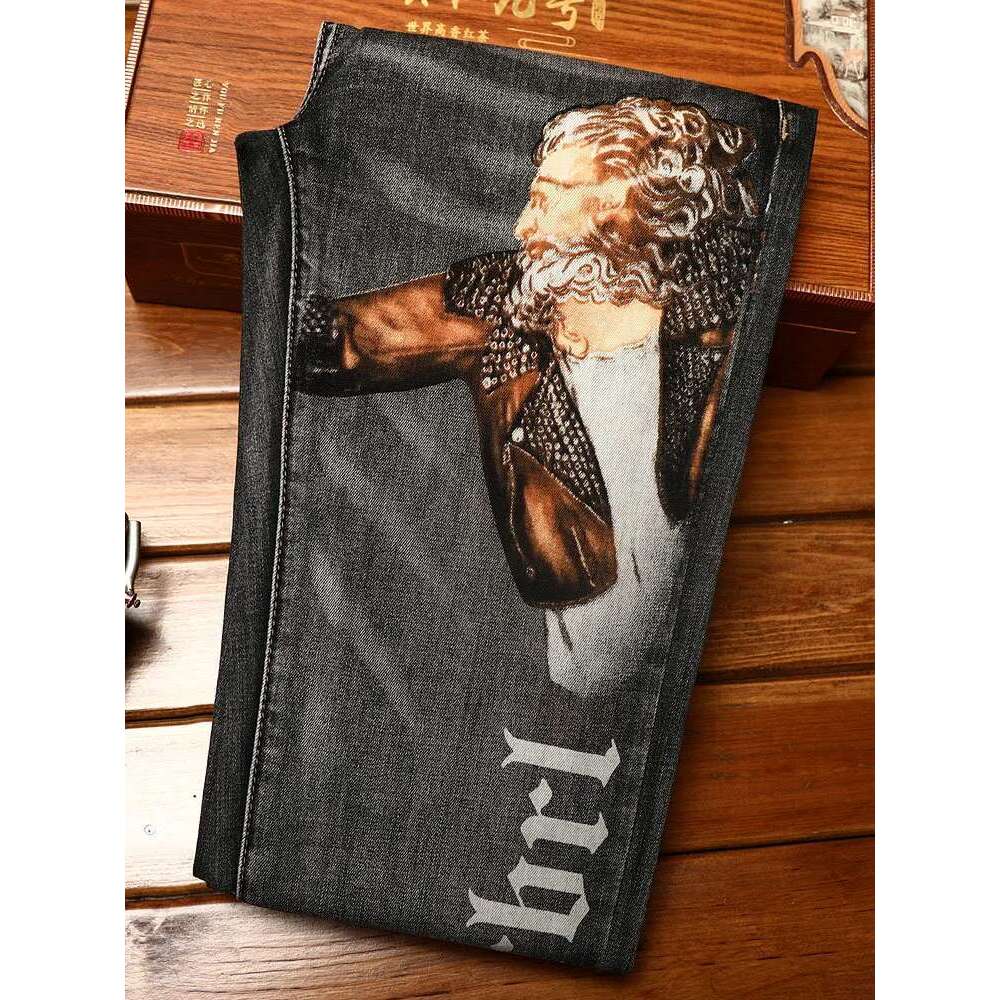 Trendy Printed Jeans For Men's Autumn 2025 Elastic Slim Fit Small Feet Casual Washed Denim Light Pants