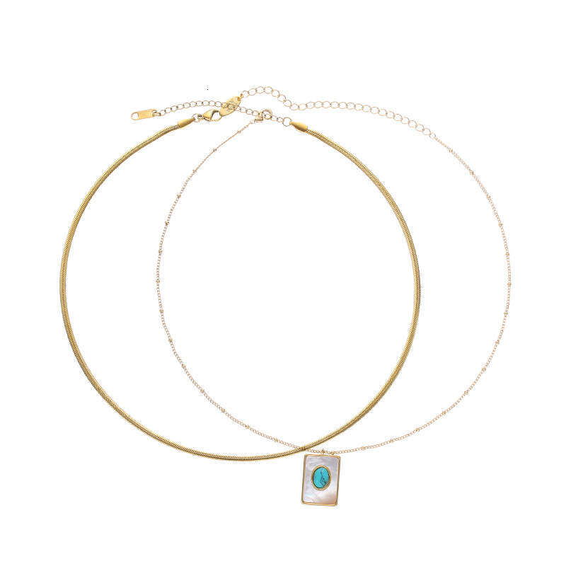 Trendy square fashion natural stone shell gold necklace women's versatile high-end titanium steel jewelry