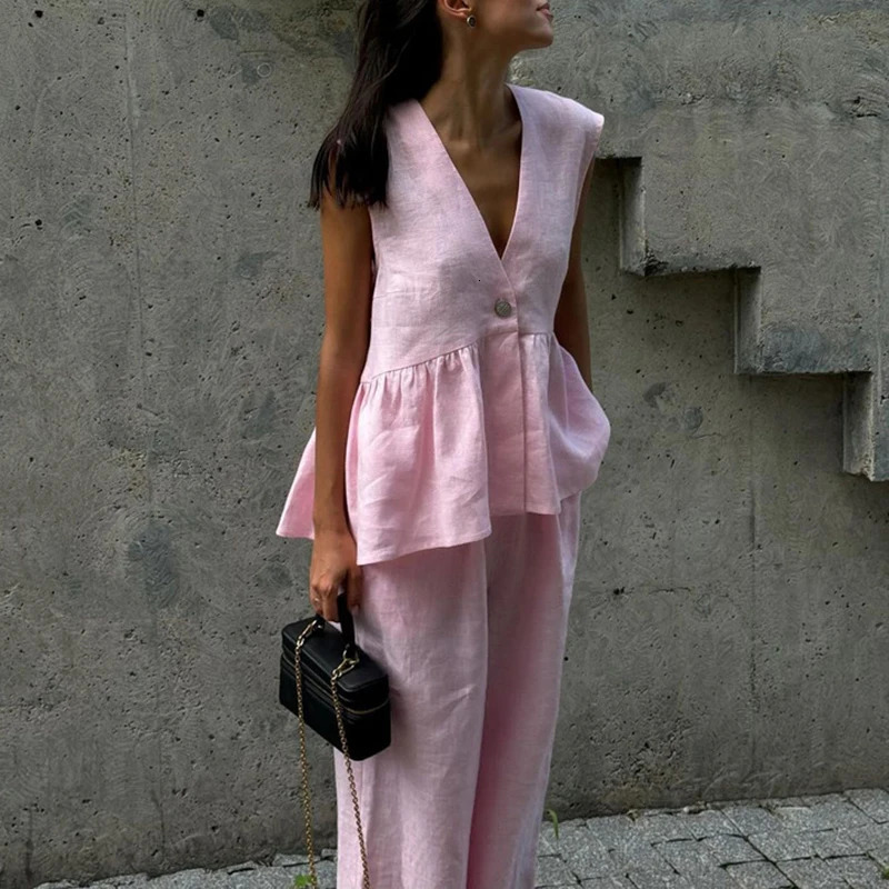 Elegant Commute Solid Two Piece Set Women Club Party Outfits 2025 High Street Sleeveless V-Nevk Blouse Tops Long Pants Suit 250304
