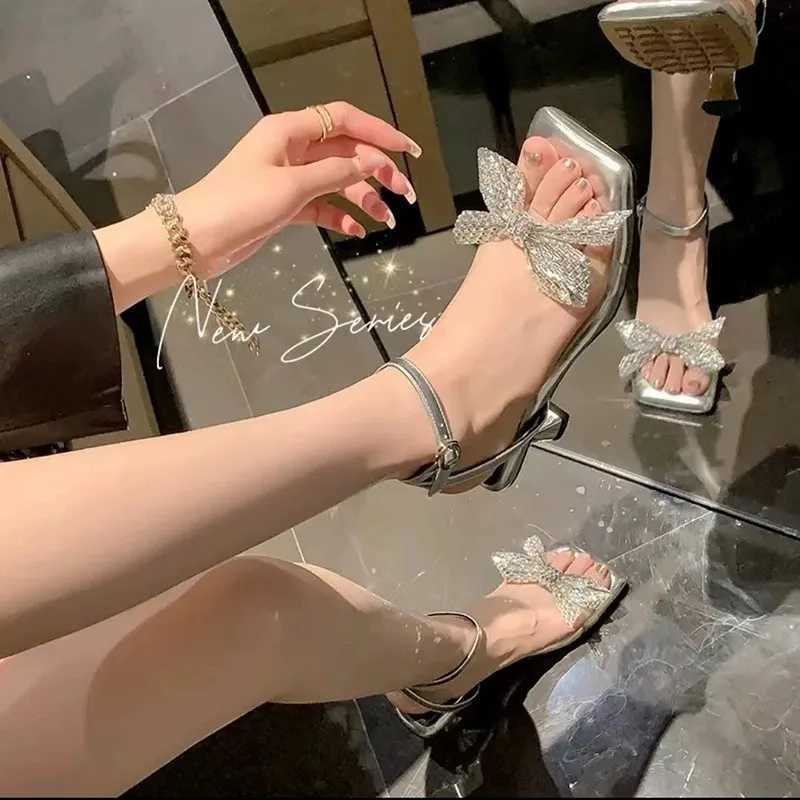 Womens Buckle Square Toe Party Sandals Jewelry Crystal Bow High Heel Sandals Womens Summer Ankle Strap Thick Heel SandalsXJ2500305