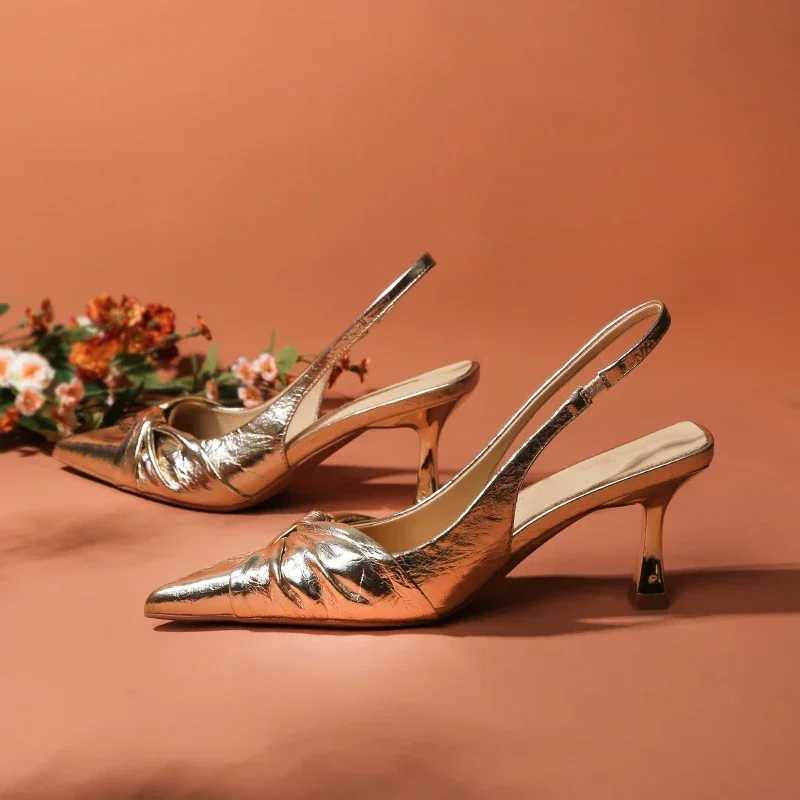 Golden Pleated Sexy Womens Sandals Pointed High Heeled Fi Banquet High Heeled Sandals High Heeled Womens Shoes Y250304