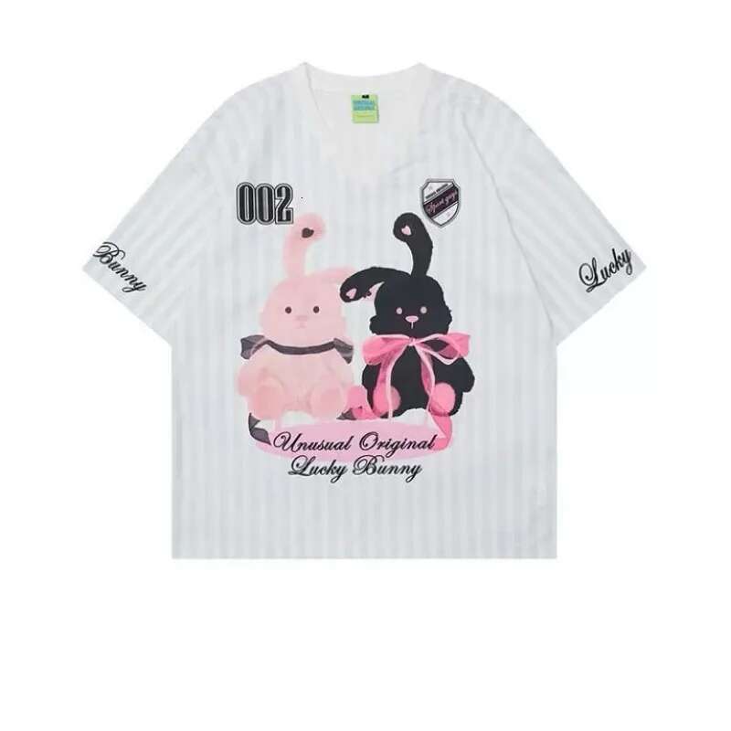 Summer Oversized V-Neck American Retro Jersey Cute Little Rabbit Print Short Sleeved T-Shirt For Women Sweet Pink Striped Top