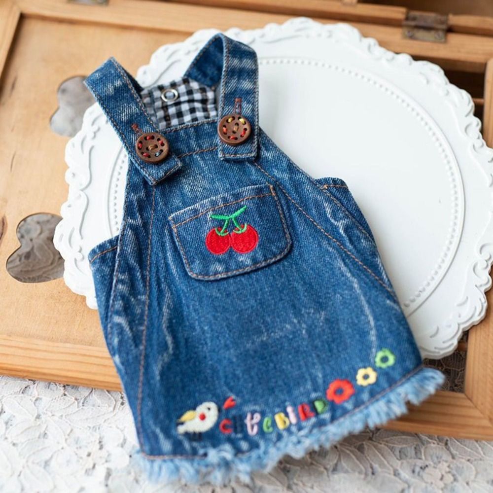Creative Cute Pet Cherry Jeans Skirt With Pattern Washable Dog Denim Dress Reusable Pet Clothing Spring/Summer