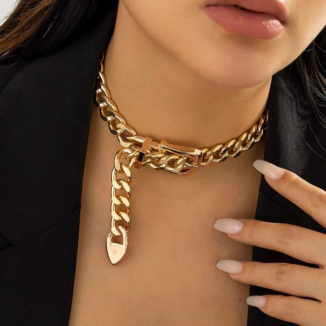 Ingemark Exaggerated Heavy Metal Belt Choker Necklace for Women Punk Thick Chunky Clavicle Chain Grunge Jewelry Steampunk Men