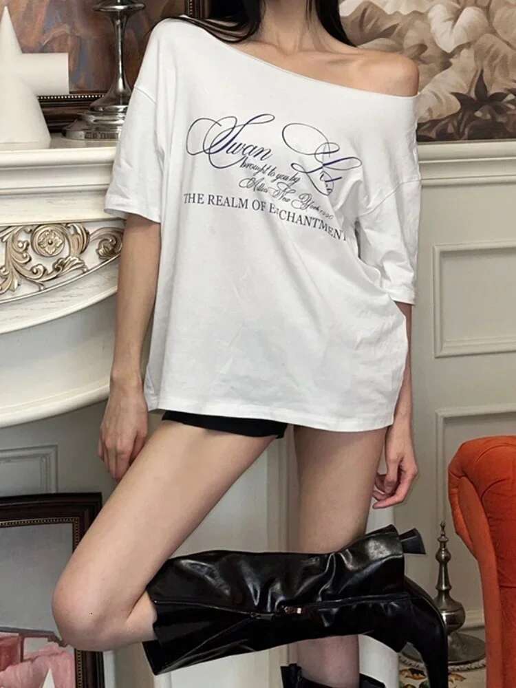 Y2k Accessories Streetwear Women Clothing Inced Collar Crop Top Letter Printing Oversized T Shirt Fashion Slim Ropa De Mujer