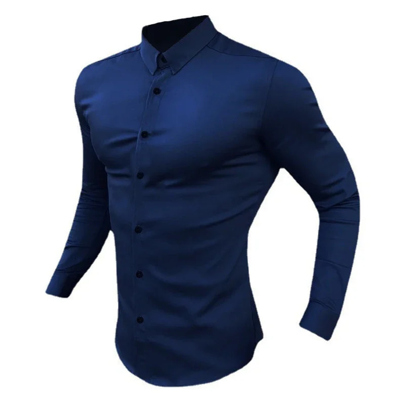 Mens Long Sleeve Super Slim Fit Plain Casual Shirt Spring Autumn Winter High Quality Turn Down Collar Business Dress 250227