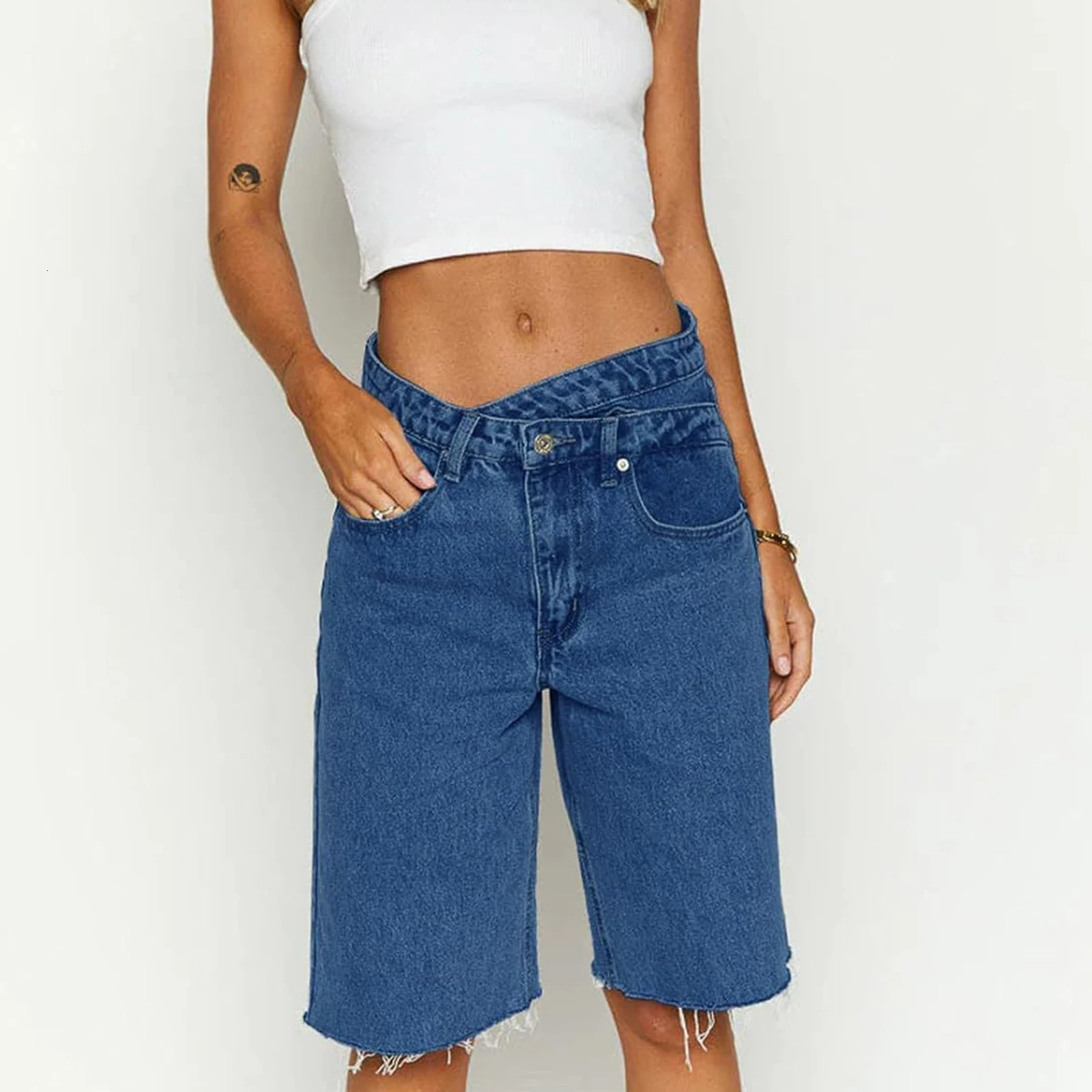 Imcute Women Y2K Baggy Jorts Jean Shorts Retro High Waisted Raw Hem Carpenter Long Shorts Straight Leg Cropped Denim Pants 250304