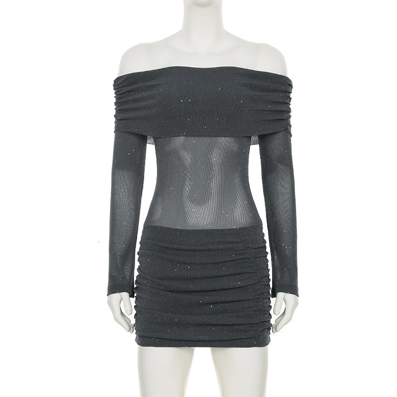 SUCHCUTE Sexy Off Shoulder Shinny Shine Ruched Dress Chic Long Sleeve Fold Semiseethrough Party Elegant Women Outfits 250304