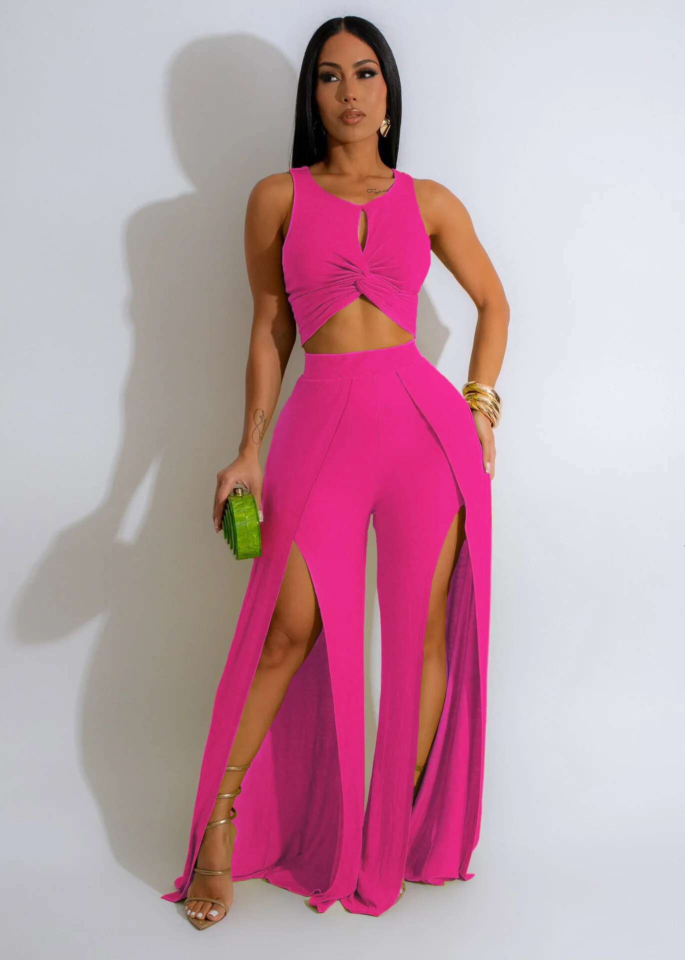 Summer Fashion Street Sexy Solid Sleeveless Top Split Wide Leg Pants Two Piece Set Women