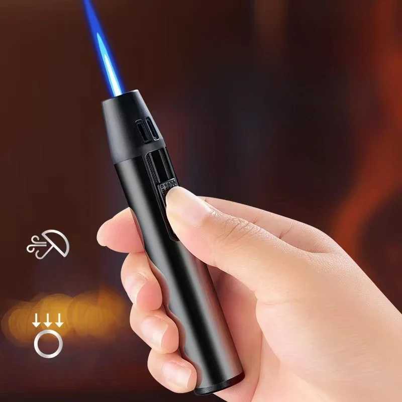 New Pen Metal Lighter Mini Spray Gun Inflatable Windproof Butane Gas Lighter Adjustable Straight Shot Blue Flame Cigarette ToolsT250305