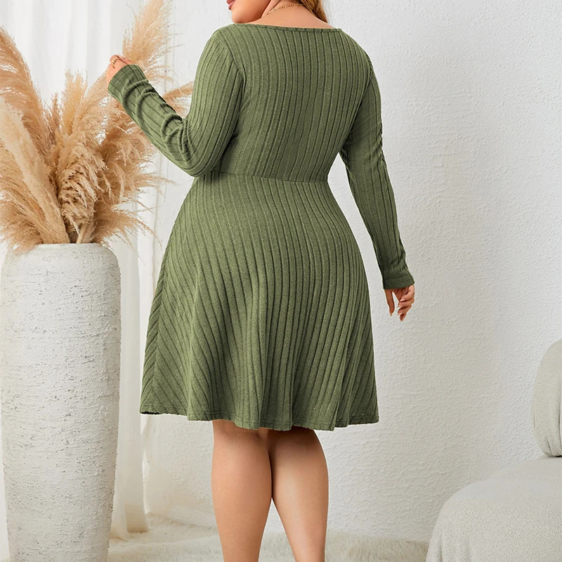 Plus Size Womens Green Dress ALine Spring Fall Vintage Long Sleeve Ribbed Knit Casual Dresses Large 250225