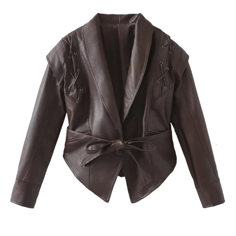 Women Leather Bomber Jackets Coats With Belt Notched Shoulder Pads Motorcycle Street Chic Short Outwear Fashion Solid Lace Up 250226