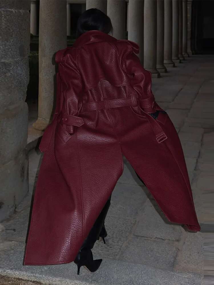 High Street Leather Trenchcoat Women 2025 Early Spring Fashion Lapel Full Sleeves Double Breasted With Belt Female PU Overcoat
