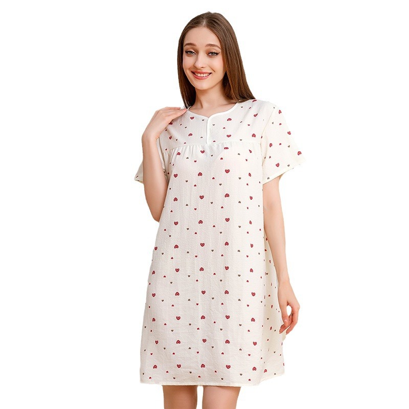 Women's Summer Home Wear Cute Heart Printed Casual Dress with Round Neckline and Short Sleeves