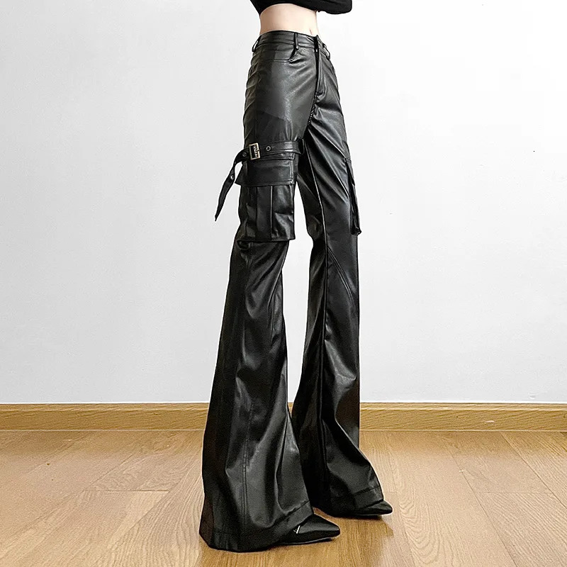 Vintage Leather Pants Women Streetwear Fashion Baggy PU Wide Leg Cargo Trousers Y2k Straight Pantalon 250304