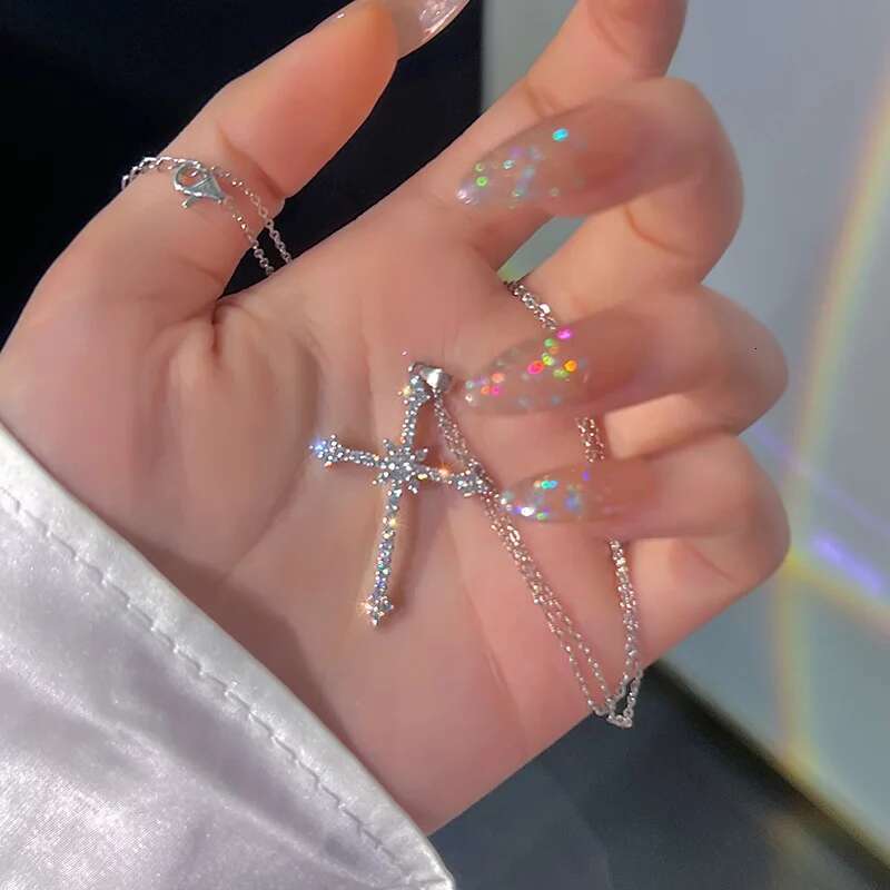 Fashion Zircon Cross Pendant for Women Girl Crystal Chain Necklace Punk Party Jewelry