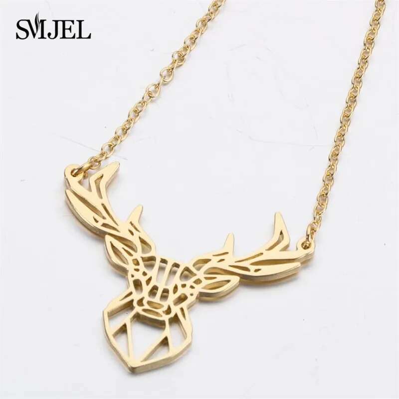 Punk Elk Deer Antlers Pendant Women Stainless Steel Origami Geometric Animal Necklace For Christmas Gifts Girls