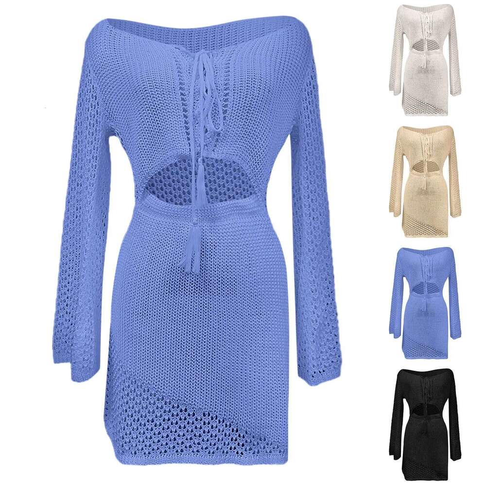 Long Knitted Sleeved Dress Swimwear Beach Outfits For Women Solid Color Slim Swimsuit Cover-Up Fashion Casual Beachwear Km-Ly