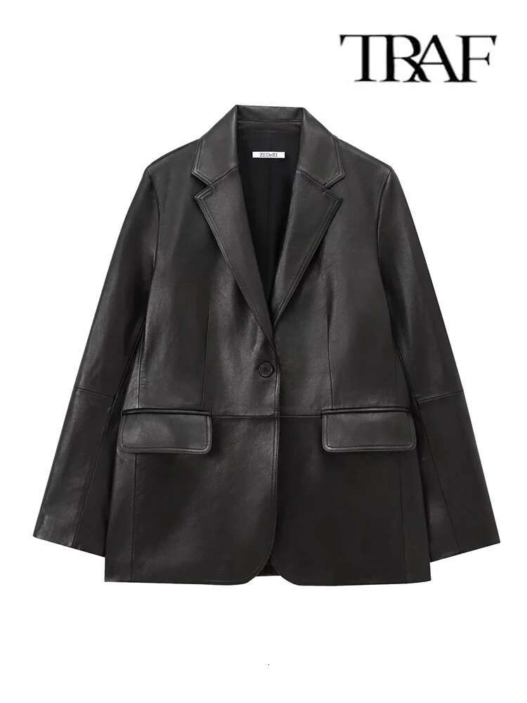 TRAF 2025 Women's Jacket Leather Blazers Spring Autumn Fashion Single Button Coat Casual Vegetable Tanned Sheepskin Suit New