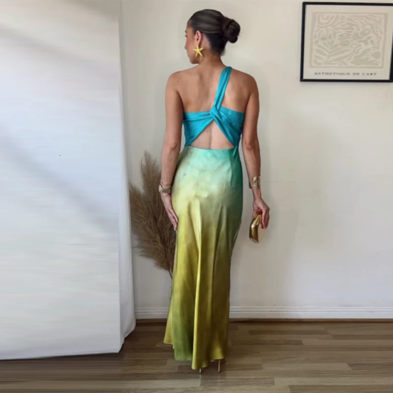 Gradient Satin Long Dres Elegant One Shoulder Sleeveless Backless Dresses Sexy Tiedye Party 250304