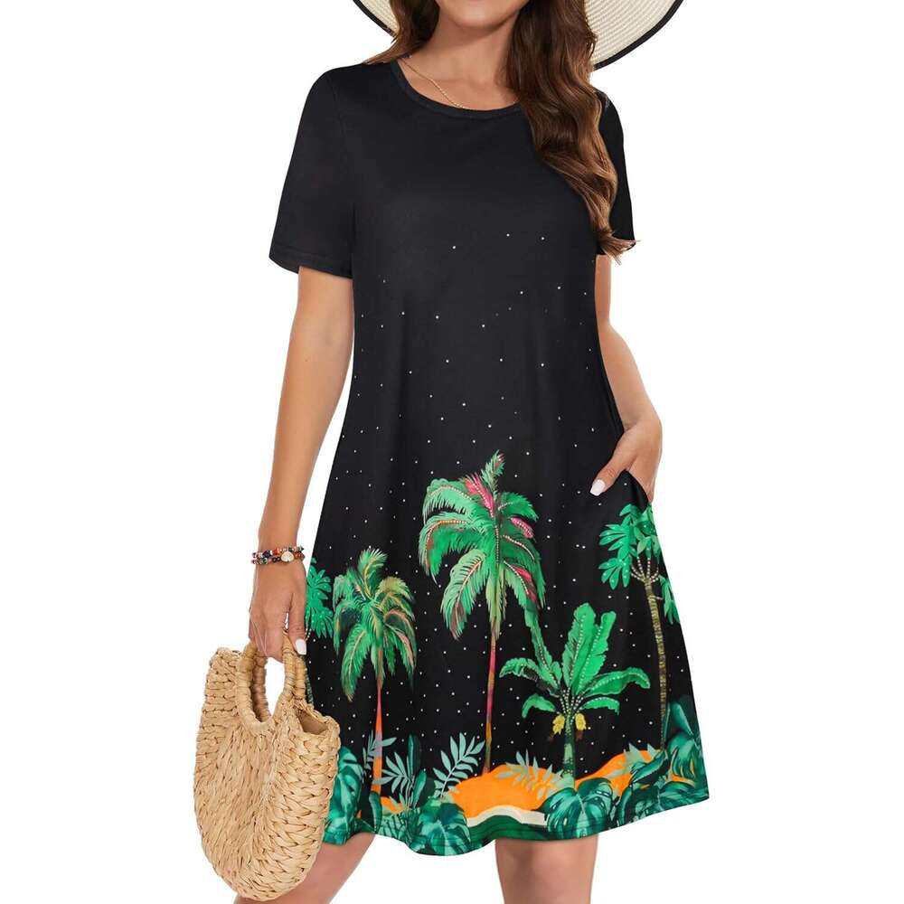 Women's summer dress casual T-shirt short sleeved floral vest skirt beach cover with pockets