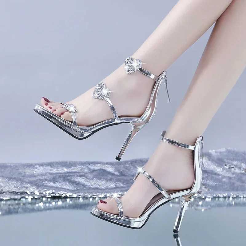 Comemore 2024 Sexy High Heeled Sandals Women Summer Heels Ankle Buckle Shoes Rhine Heart Shoe for Female Sier ChampagneXJ2500305