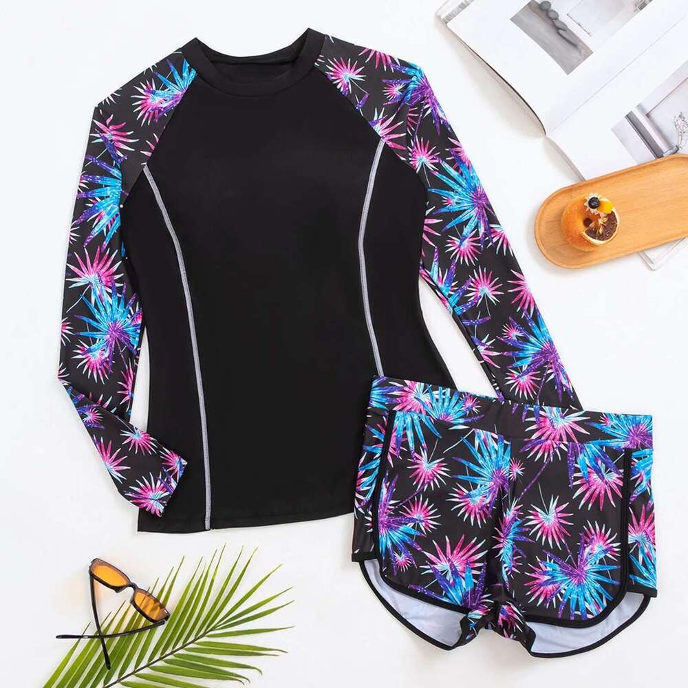 Long 2024 Sleeves Surfing Swimsuit Print Swimwear Women Two Pieces Diving Clothes Beachwear Bathing Swimming Swim Suit Km-Ly