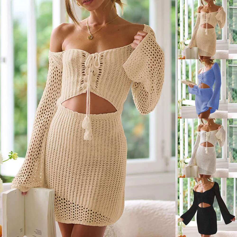 Long Knitted Sleeved Dress Swimwear Beach Outfits For Women Solid Color Slim Swimsuit Cover-Up Fashion Casual Beachwear Km-Ly
