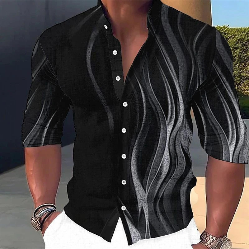 Mens shirt graphic geometric standing collar outdoor street long sleeved printed clothing fashion casual 250227Z