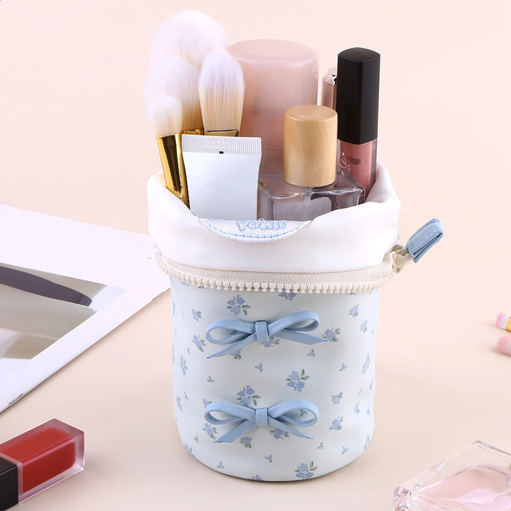 Ship from US Women Leather Makeup Bag Bow Toiletry Large Capacity Organizer Aesthetic Portable Cosmetic Storage 250305FBB
