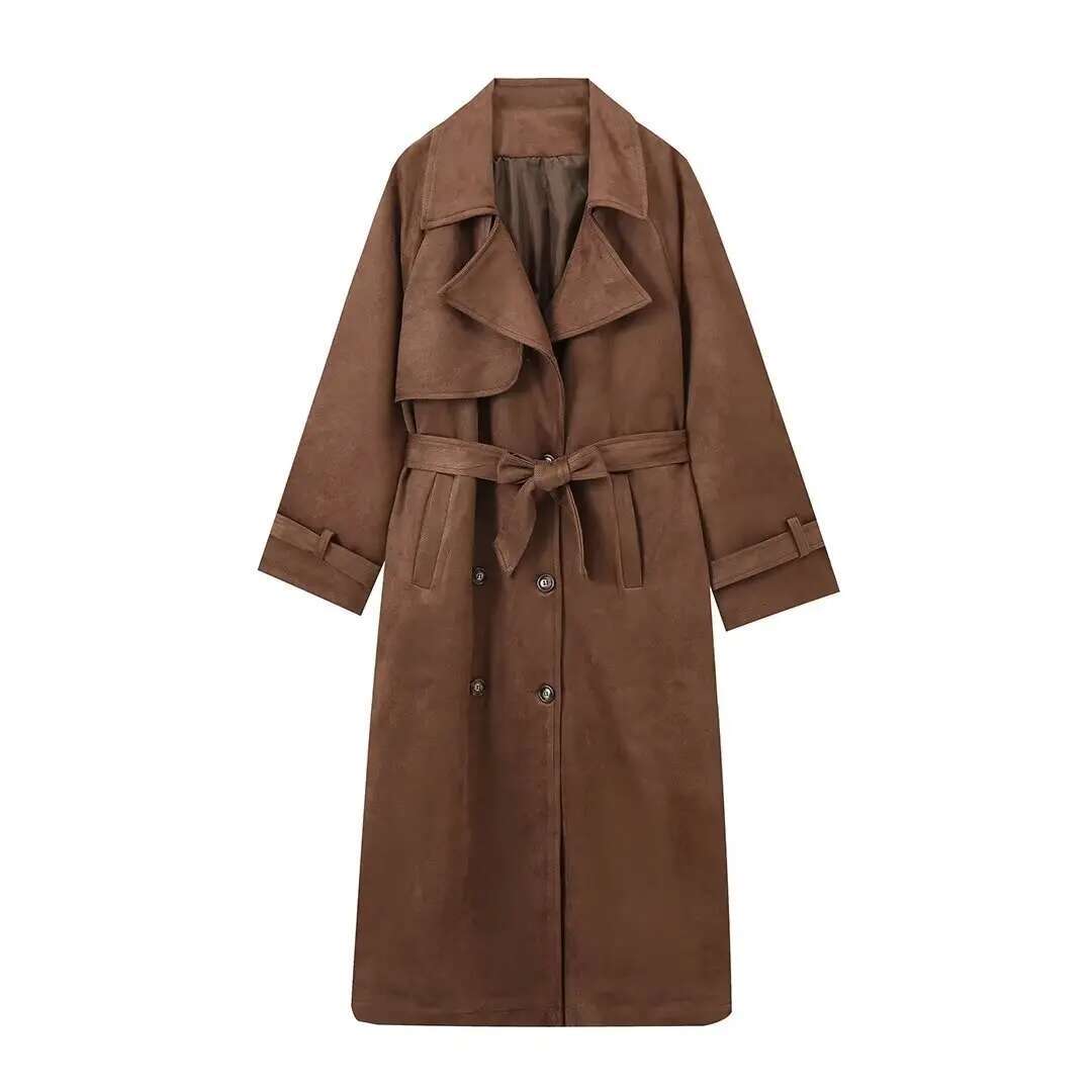 American Retro Lapel Double-Breasted Long With Belt Temperament Commuter Windbreaker Jacket