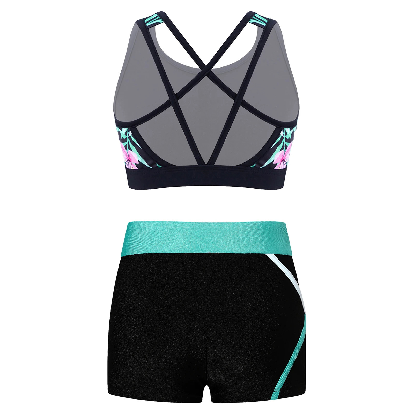 Kids Girls 2 Pieces Swimsuit Bikini Tankini Set Crop Tank Tops and Booty Shorts Dance Outfits Gymnastics Ballet Dance Costumes 250304
