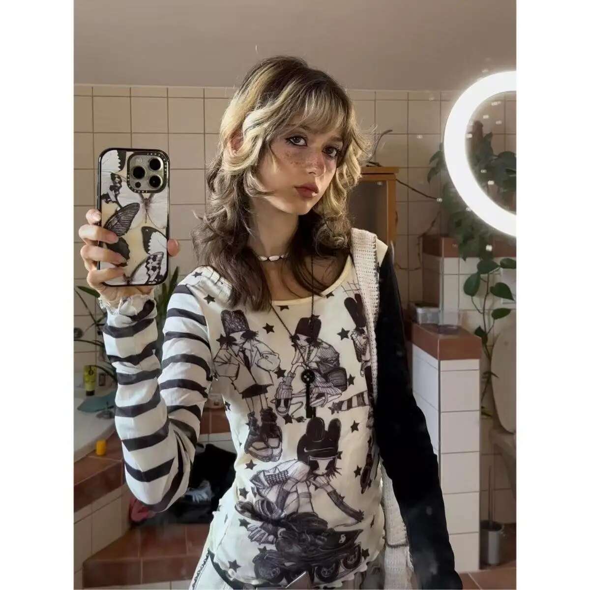 Y2k Ing Asymmetric Long Sleeves Haruku Gothic Graffiti Design Stars Stripe Graphic Slim Fit Tops Sexy Hot Girl Clothing