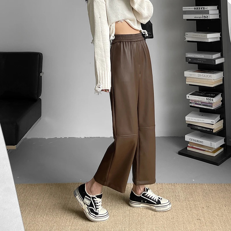 Autumn Winter PU Leather Womens Ankle Length Pants 2024 Korean High Waist Black Straight Loose Pocket Female 250304