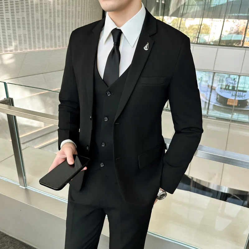 Men Suit Set blazer Vest pants Fashion Business Casual Hosts A Solid Color Slimfit Gentlemans Wedding Plus Size M7XL 250224