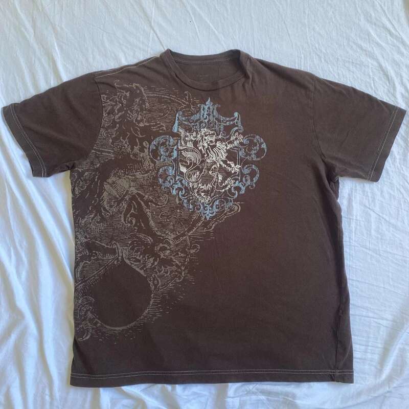 Mall Goth Cyber Grunge 00s Retro T-shirt Emo Vintage Brown Y2K Printed Graphic T-shirt Women Men's Short Sleeves Round Neck High Clothing