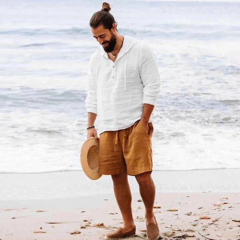 Shirt Men Shirts Hooded Solid Color Long Sleeve Tops Casual Buttons Cotton Linen Vintage Summer Beach 250227