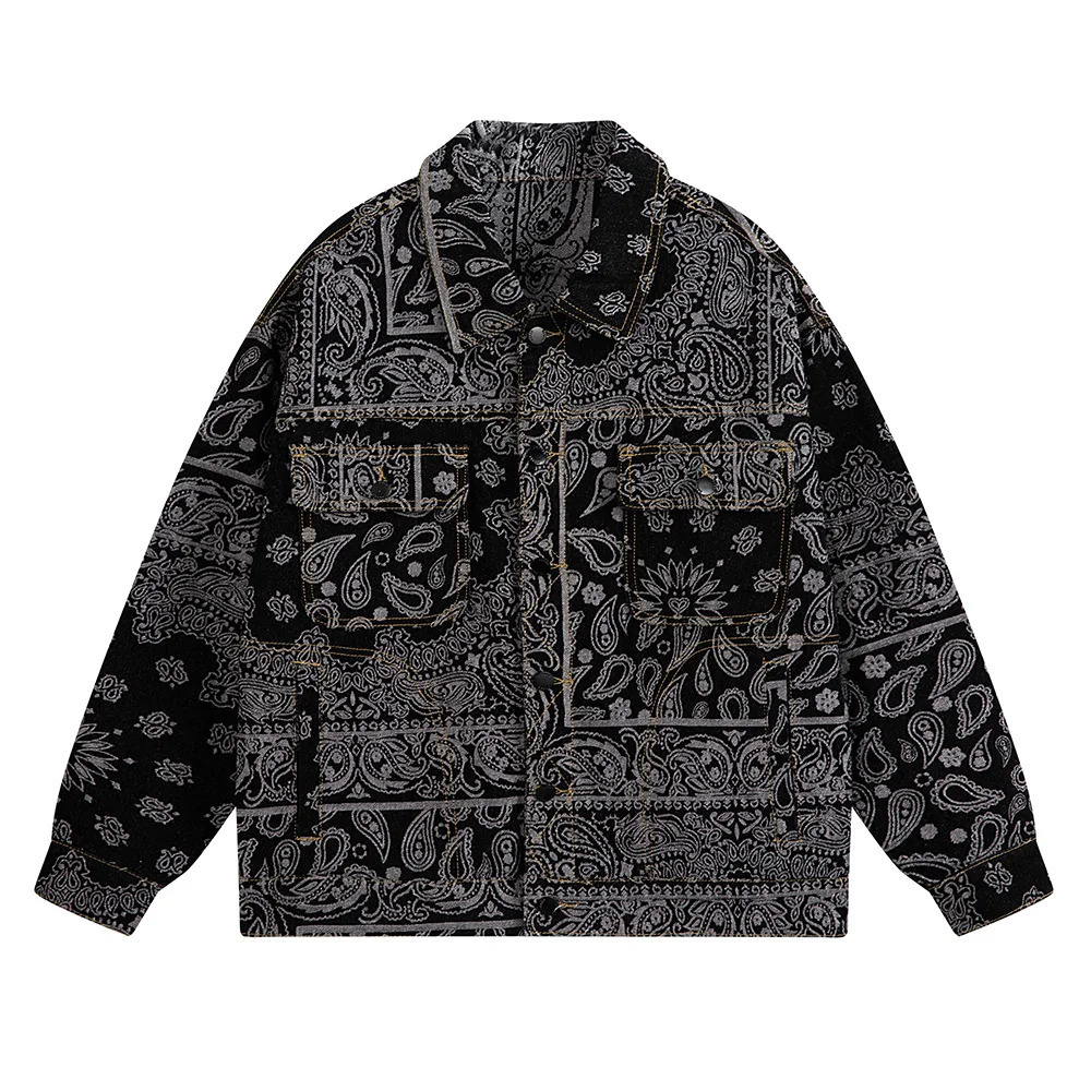 Mens Paisley Bandana Print Denim Jacket Streetwear Pattern Jacquard Weave Coat Fashion Loose Long Sleeve Outerwear Black Blue 250225