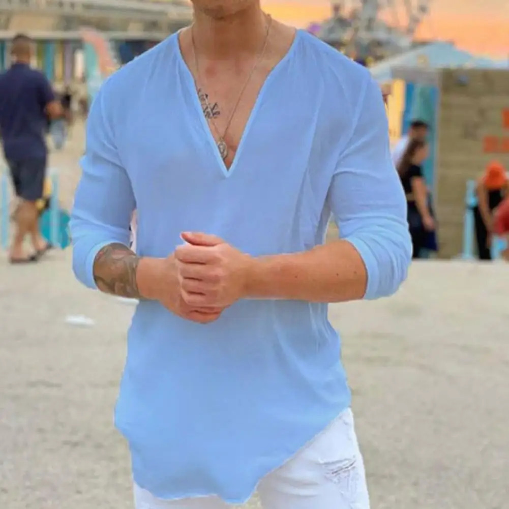 Mens deep Vneck dress top casual company stitched summer shirt suitable for daily life 250227