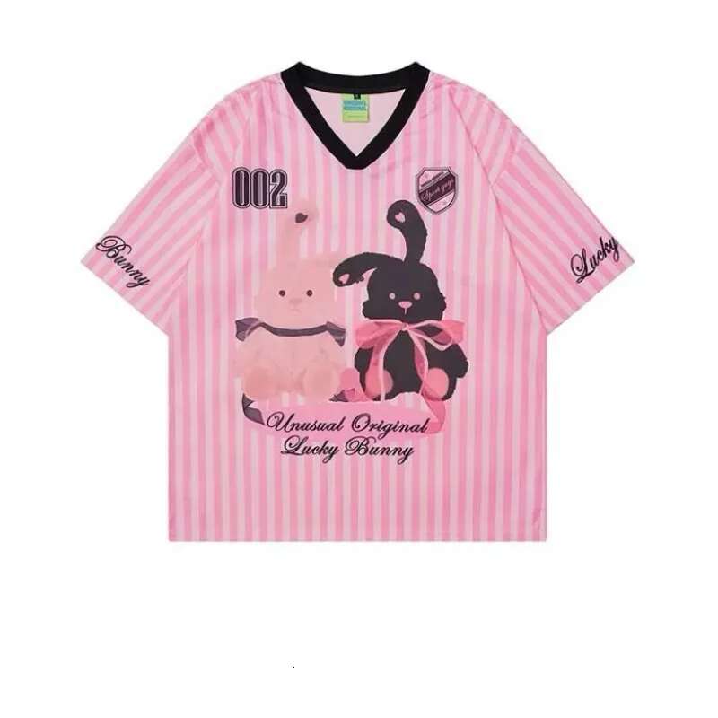 Summer Oversized V-Neck American Retro Jersey Cute Little Rabbit Print Short Sleeved T-Shirt For Women Sweet Pink Striped Top
