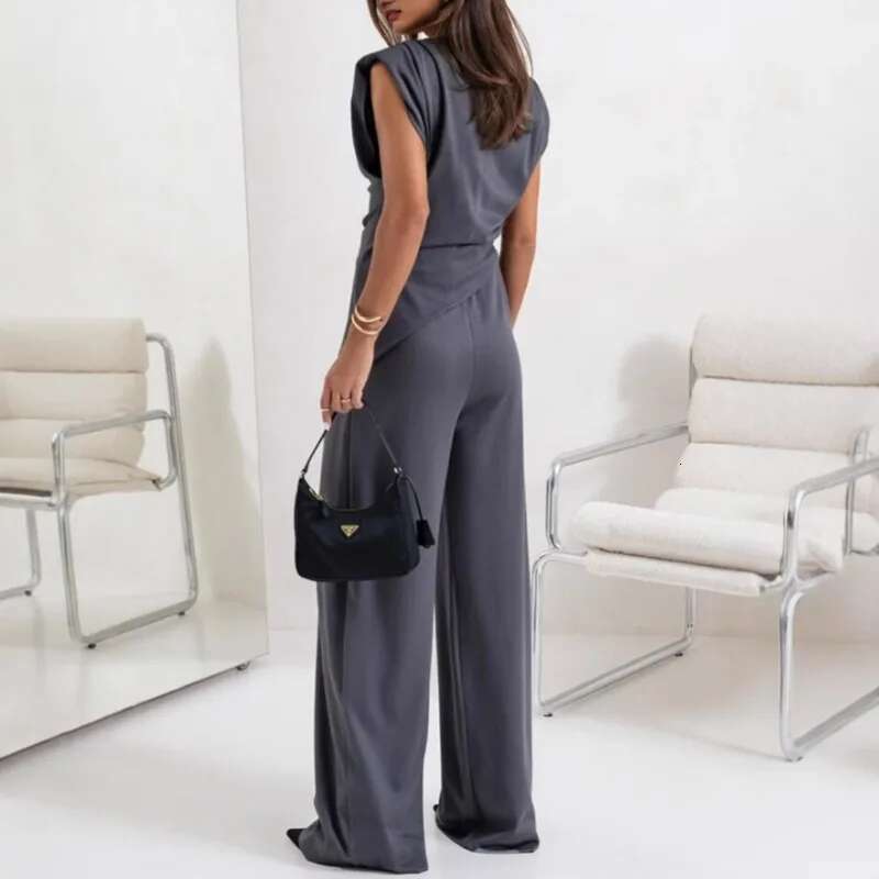 2025 Summer New Product Fashion Solid Color Irregular Sleeveless For Women's European And American Casual Pants Set