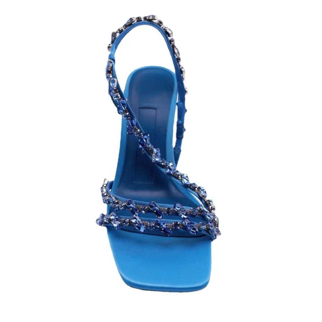 Summer new womens shoes with blue bead belt decorati fairy temperament square toe high heels slim heels sandals for womenXJ2500305
