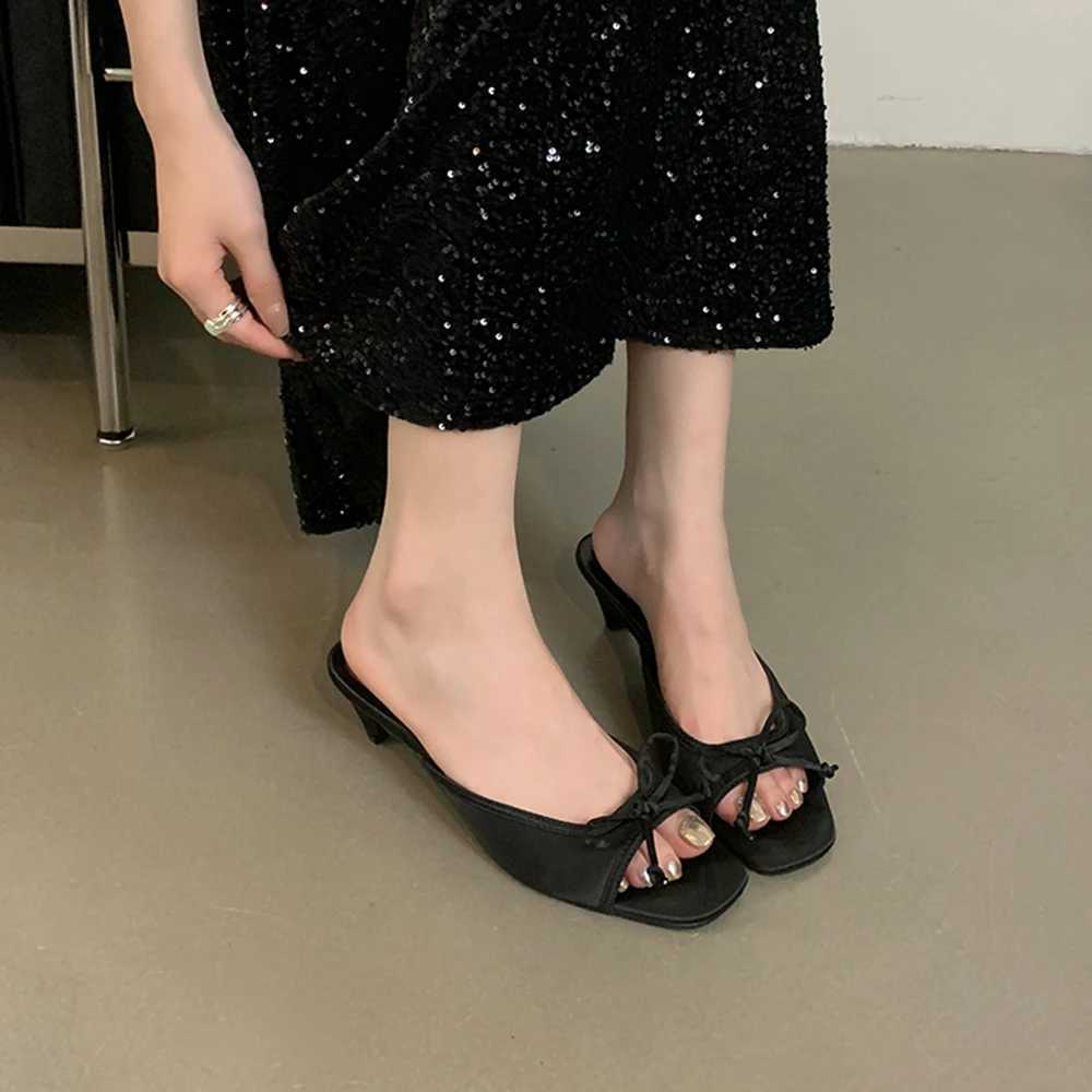 Aneikeh 2025 New Cfortable Low Heel Square Sandals Sweet Bow Silk Thick Heel Slippers for Ladies Outwear Blue Slides Y250304