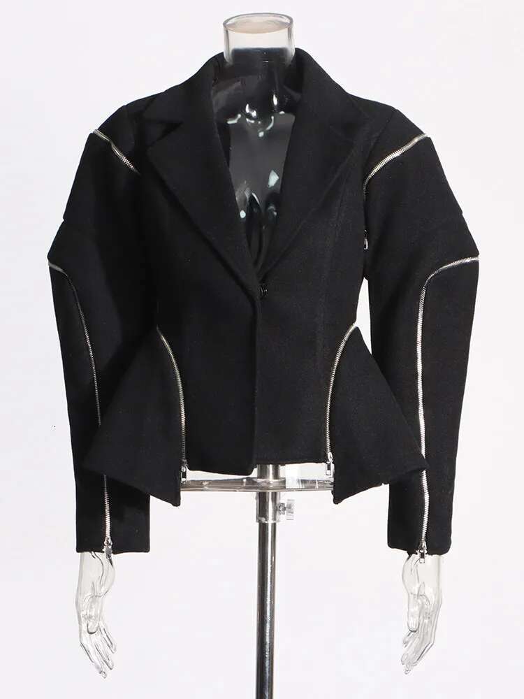 TWOTWINSTYLE Solid Spliced Zipper Jackets For Women Notched Collar Long Sleeve Patchwork Button Streetwear Coats Female Fashion