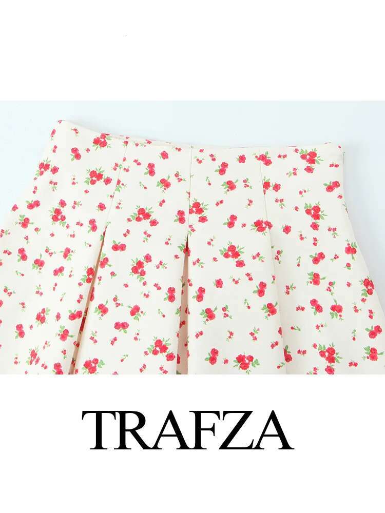 TRAFZA Female Elegant Wer Print Elastic Sleeveless Single-Breasted Decorate Top+Zipper A-E Pleated Mini Skirt 2 Piece Set