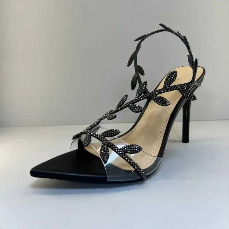 Designer Rhine Leaf Decorated Stiletto Sandals Women Sexy Pointed Toe Transparent Pvc Strap High Heels Summer Party ShoesXJ2500305