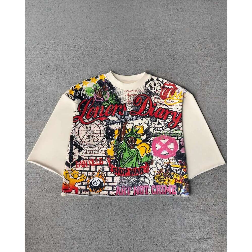 New Y2k T-shirt Men Women Harajuku Hip Hop Graffiti Print Design Mid Sleeves Long T-shirt Street Retro Round Neck Short Sleeves High