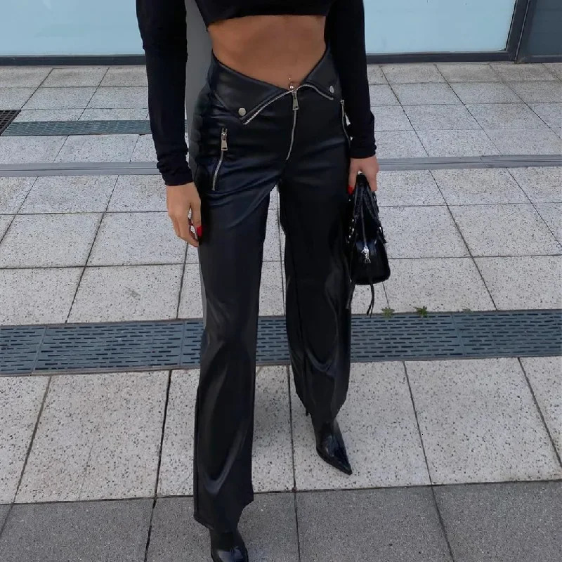 Candy PU Leather Zipper Slim Pants Y2K Casual Party Streetwear Highwaist Straight Leg 2024 Gothic Chic Women Trousers 250304