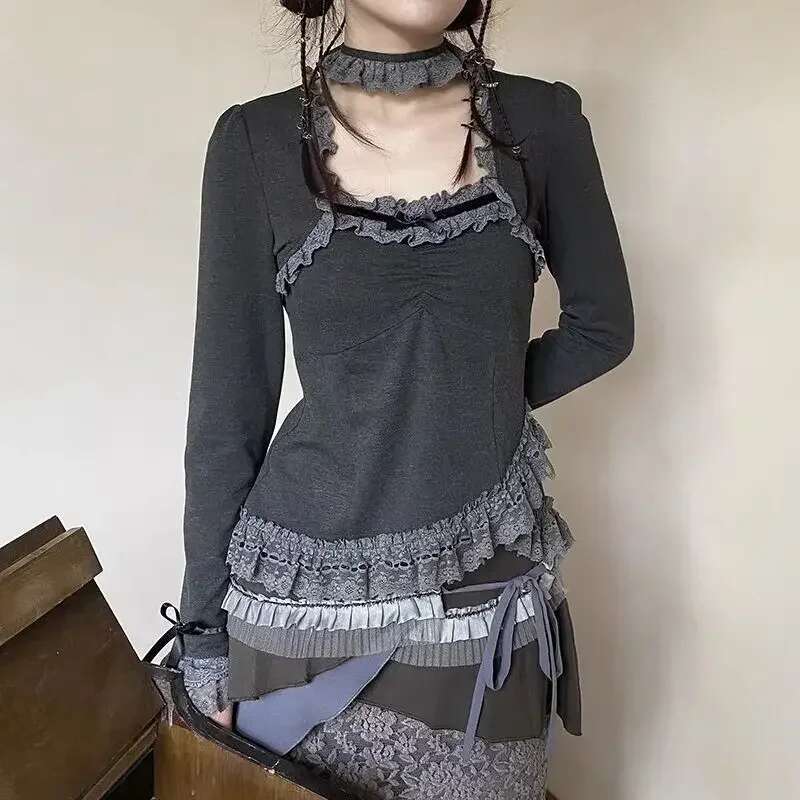 2024 Autumn Long Sleeve Square Collar Patchwork Lace Hottie Tunic Tees Irregular Vintage T-Shirt Y2k Tops For Women Ropa Mujer